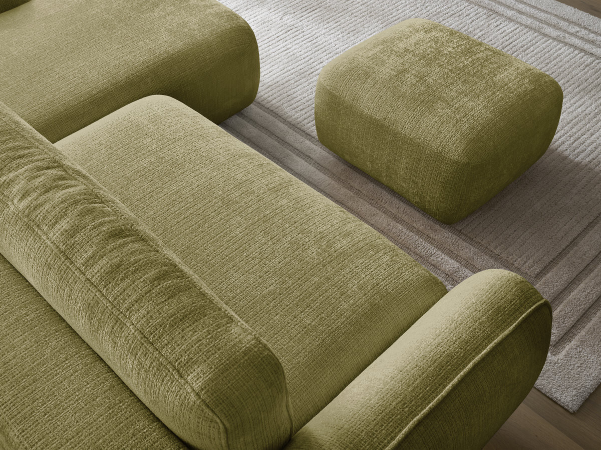 Bobochic Denise Ecksofa mit Schlaffunktion und Bettkasten und Pouf 258 × 160 cm Strukturstoff Grün Ecke rechts