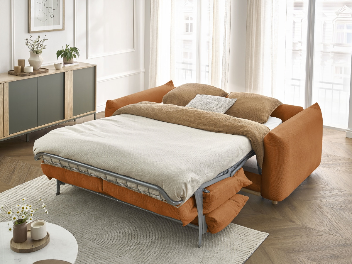 Bobochic Ernest Schlafsofa 3-Sitzer, Liegefläche 190 × 140 / 160 cm Stoff Orange, Liegefläche 140 × 190 cm