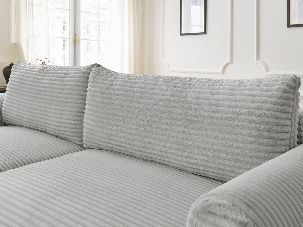 Bobochic Lucien Ecksofa mit Schlaffunktion und Bettkasten und Pouf 314 × 167 cm Breitcord weich Hellgrau Ecke links