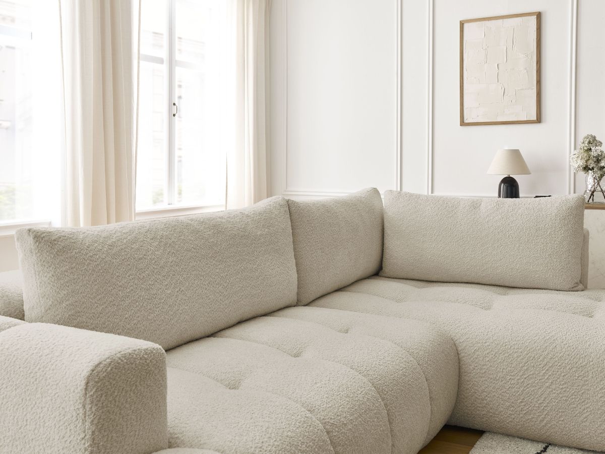 Bobochic Fuji Ecksofa mit Schlaffunktion und Bettkasten 282 × 204 cm Bouclé-Stoff Beige Ecke rechts