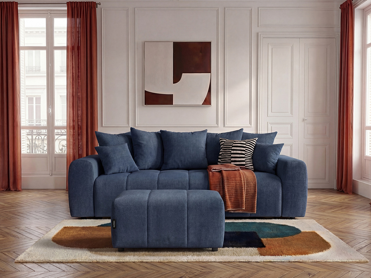 Bobochic Roxelane Schlafsofa 3-Sitzer mit Bettkasten und Pouf Melange-Stoff Dunkelblau