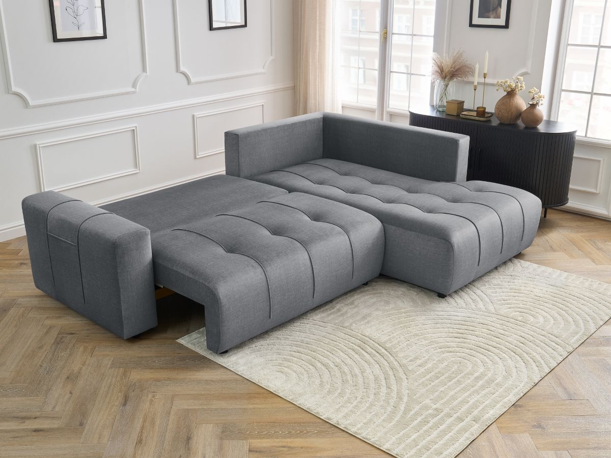 Bobochic Arsene Ecksofa mit Schlaffunktion und Bettkasten 277 × 200 cm Samt Dunkelgrau Ecke rechts