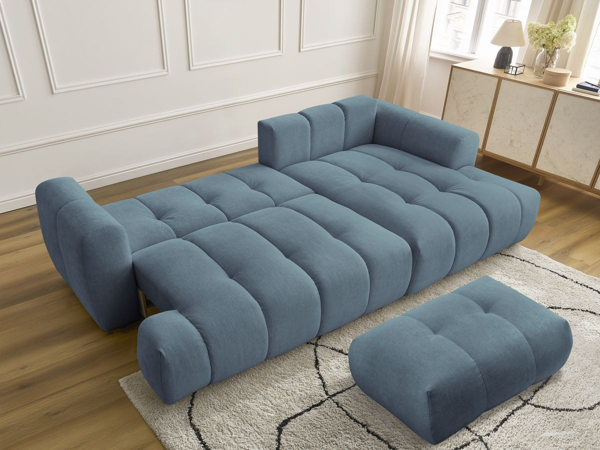 Bobochic Fuji Ecksofa mit Schlaffunktion und Bettkasten und Pouf 292 × 160 cm Stoff Hellblau Ecke rechts