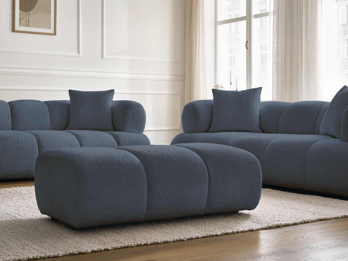 Bobochic Pamira Sofa 5-Sitzer mit Pouf Bouclé-Stoff Dunkelblau