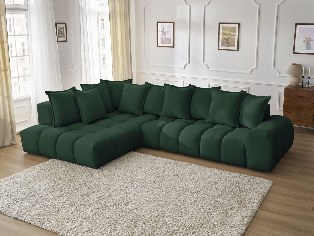 Bobochic Everest Ecksofa, 10 Kissen Strukturstoff Grün Ecke links