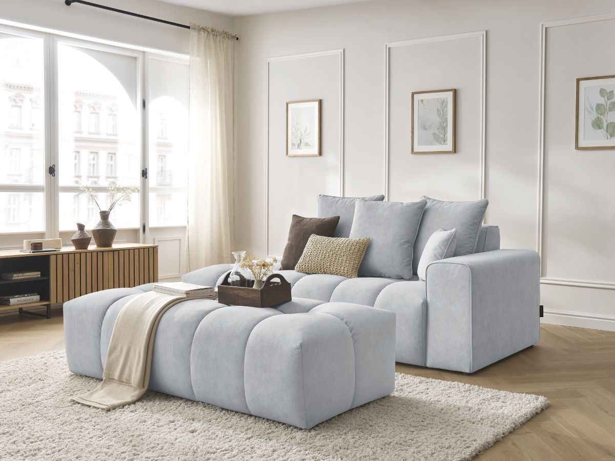 Bobochic Mont-blanc Sofa 5-Sitzer mit Pouf Samt Hellgrau Armlehne rechts
