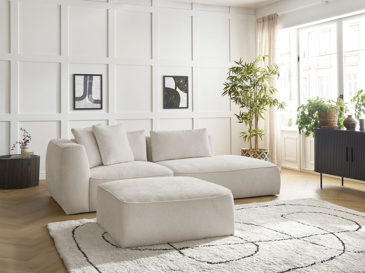 Bobochic Leopold Sofa 4-Sitzer mit Pouf Strukturstoff Beige Armlehne links