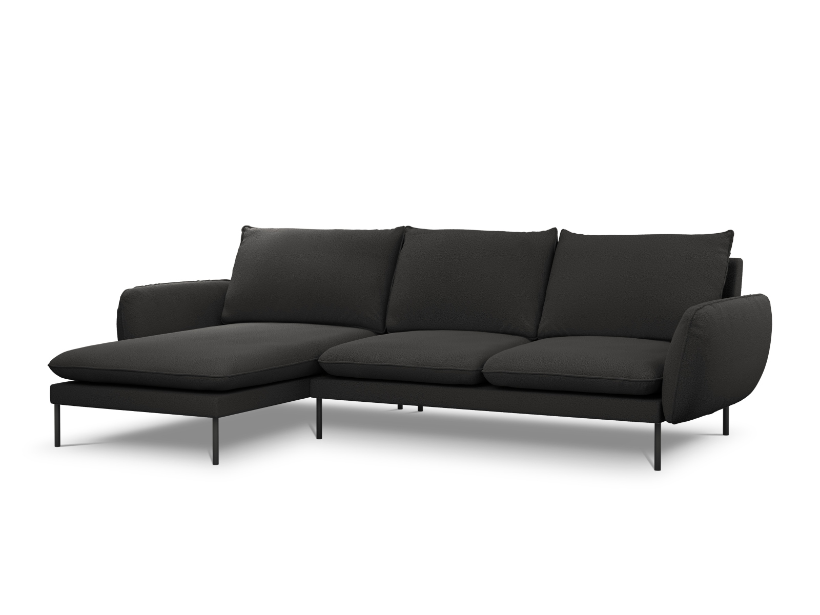 Cosmopolitan Design Ecksofa Vienna 5-Sitzer Boucle Ascot Schwarz Links Beine Schwarzes Metall