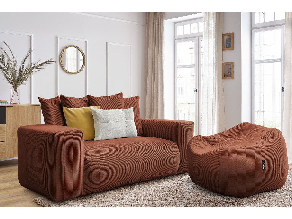 Bobochic Voltaire Sofa 2-Sitzer mit Pouf Cordsamt Orange