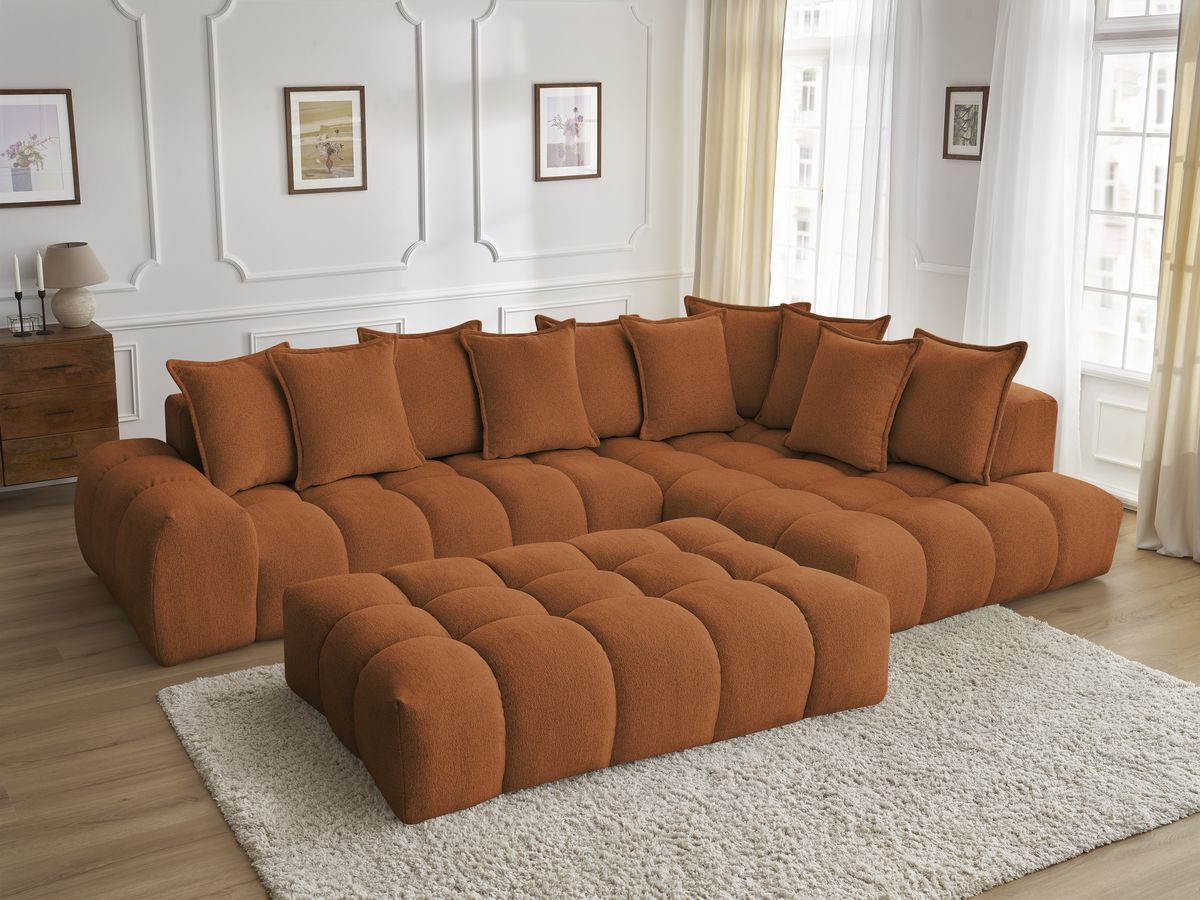 Bobochic Everest Ecksofa mit Schlaffunktion und Pouf, 10 Kissen Melange-Stoff Orange Ecke rechts