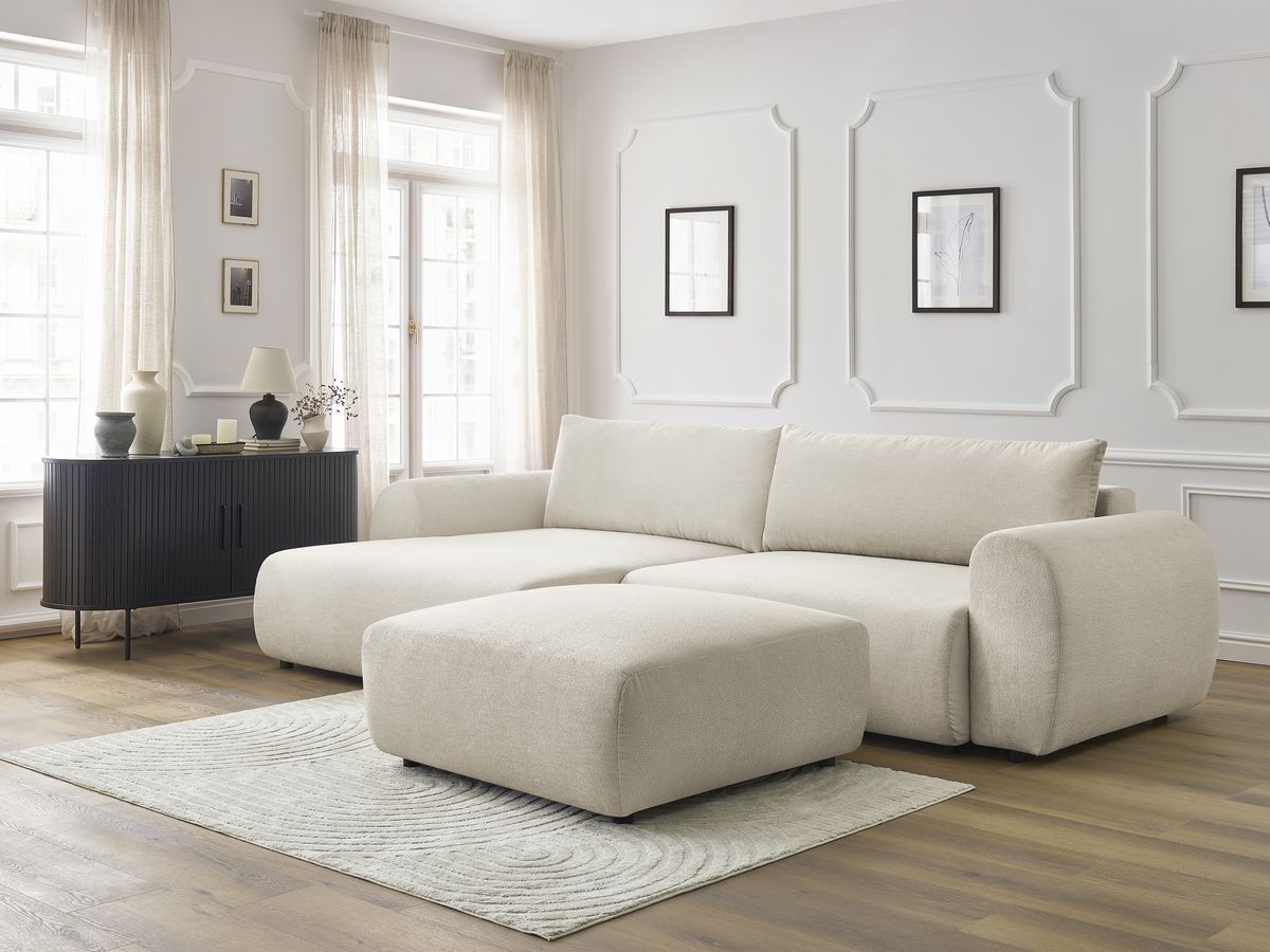 Bobochic Lucien Ecksofa mit Schlaffunktion und Bettkasten und Pouf 314 × 167 cm Stoff Beige Ecke links