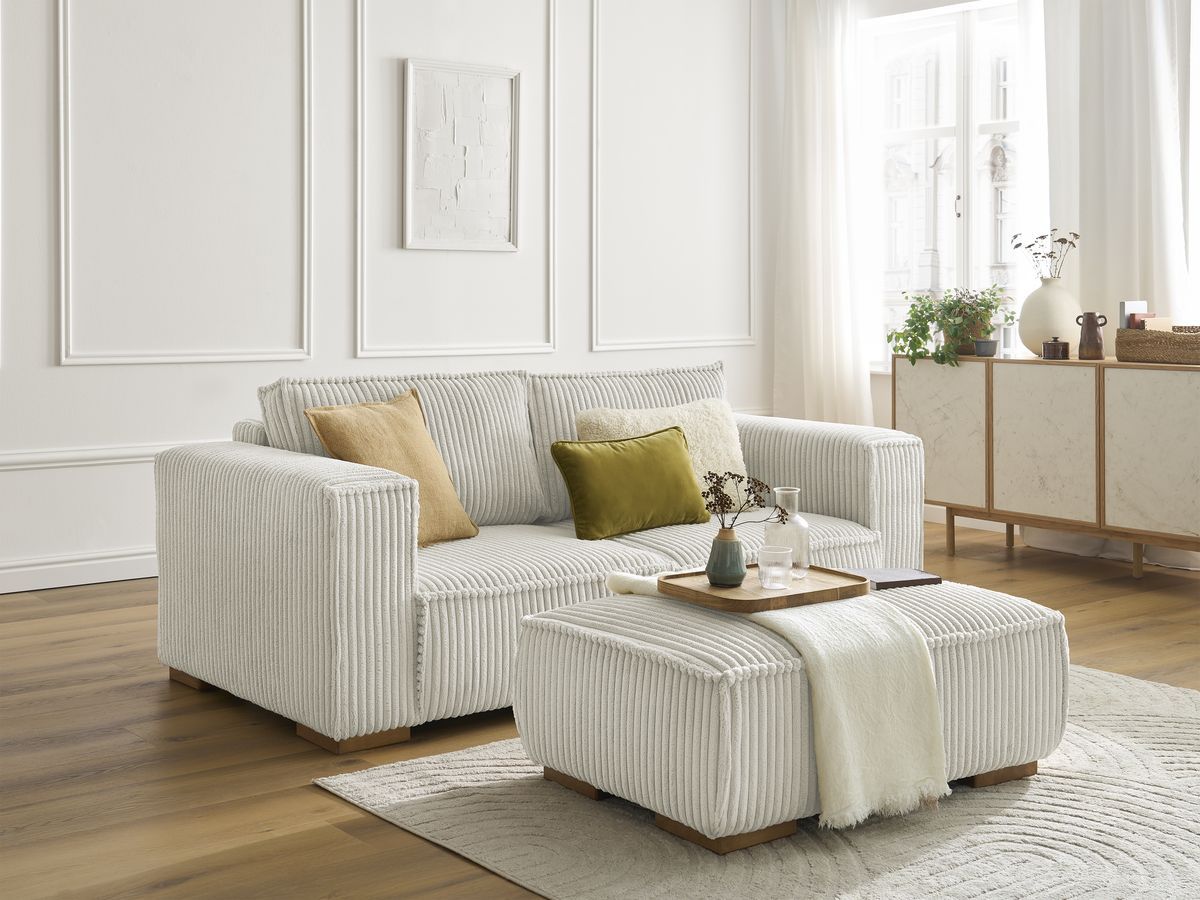 Bobochic Chelsea Sofa 3-Sitzer mit Pouf Breitcord weich Beige