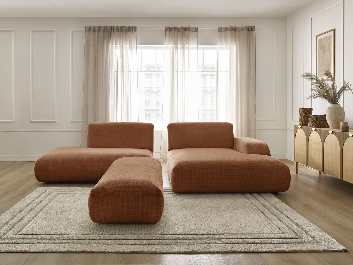 Bobochic Sirius Ecksofa mit Pouf 300 × 170 cm Strukturstoff Orange Ecke rechts