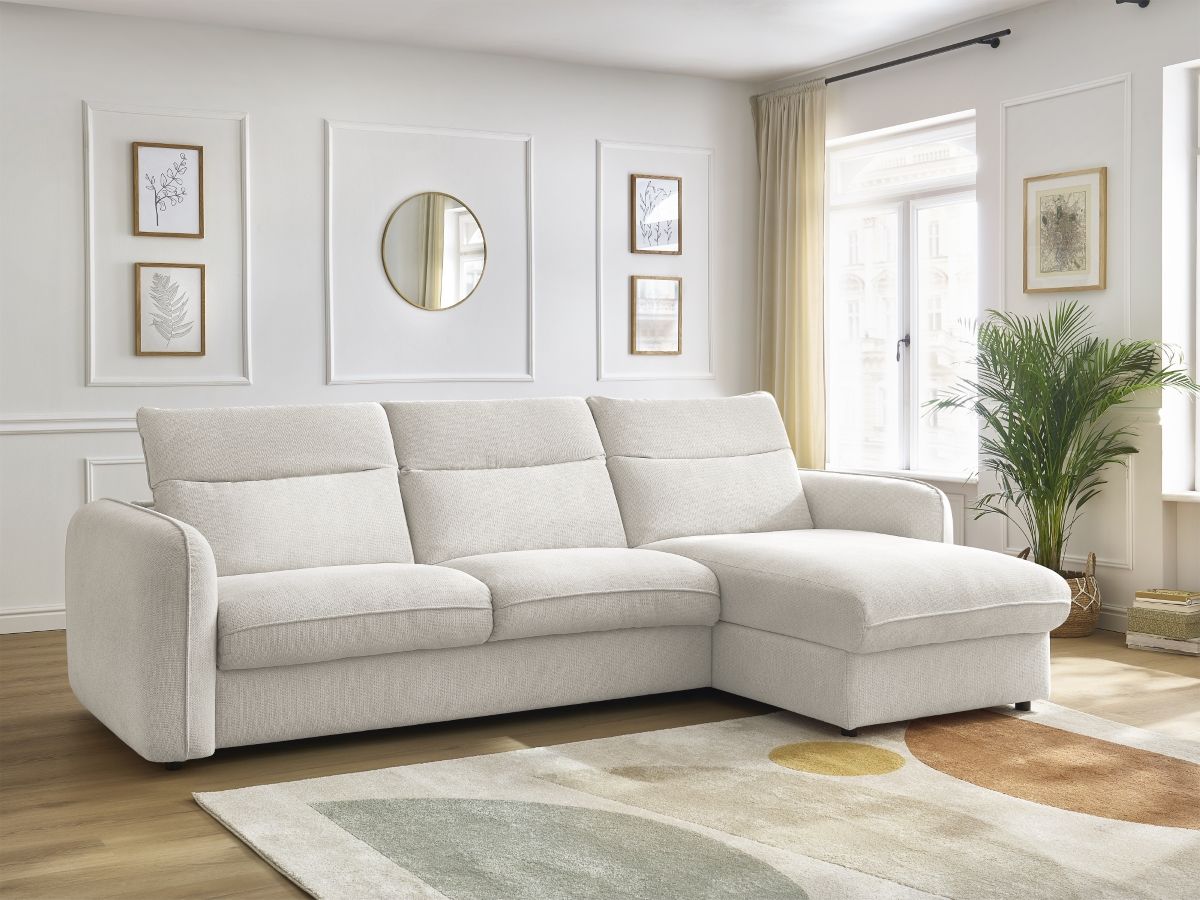 Bobochic Achille Ecksofa mit Schlaffunktion und Bettkasten Melange-Stoff Weiß, Liegefläche 140 × 200 cm