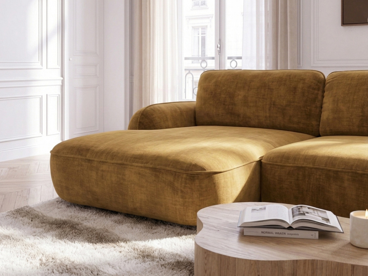 Bobochic Celeste Ecksofa mit Schlaffunktion und Bettkasten Stoff Gelb Ecke links