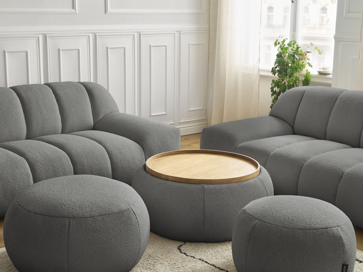 Bobochic Hayden Sofa 7-Sitzer mit Pouf Bouclé-Stoff Dunkelgrau