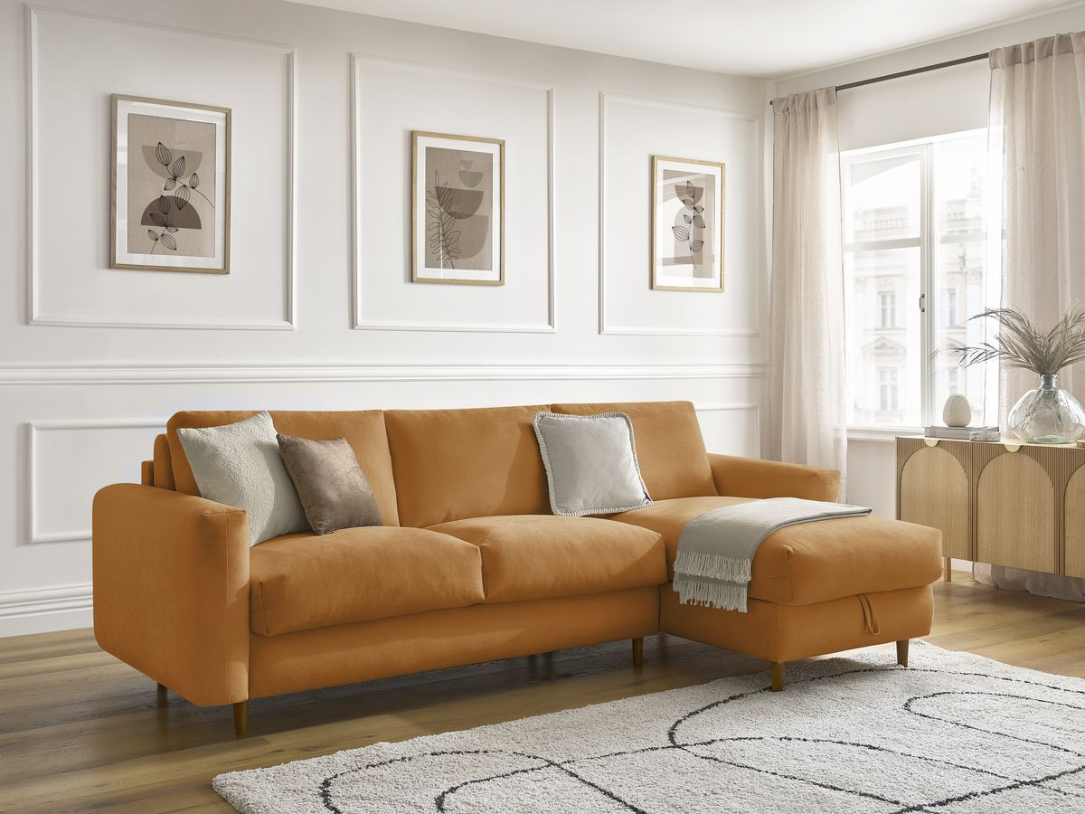 Bobochic Cocoone Ecksofa mit Schlaffunktion und Bettkasten Stoff Gelb, Liegefläche 160 × 200 cm
