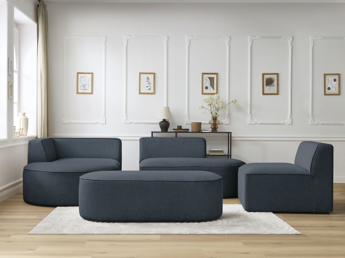 Bobochic Rousseau Ecksofa mit Sofamodul und Pouf Melange-Stoff Dunkelblau Ecke links