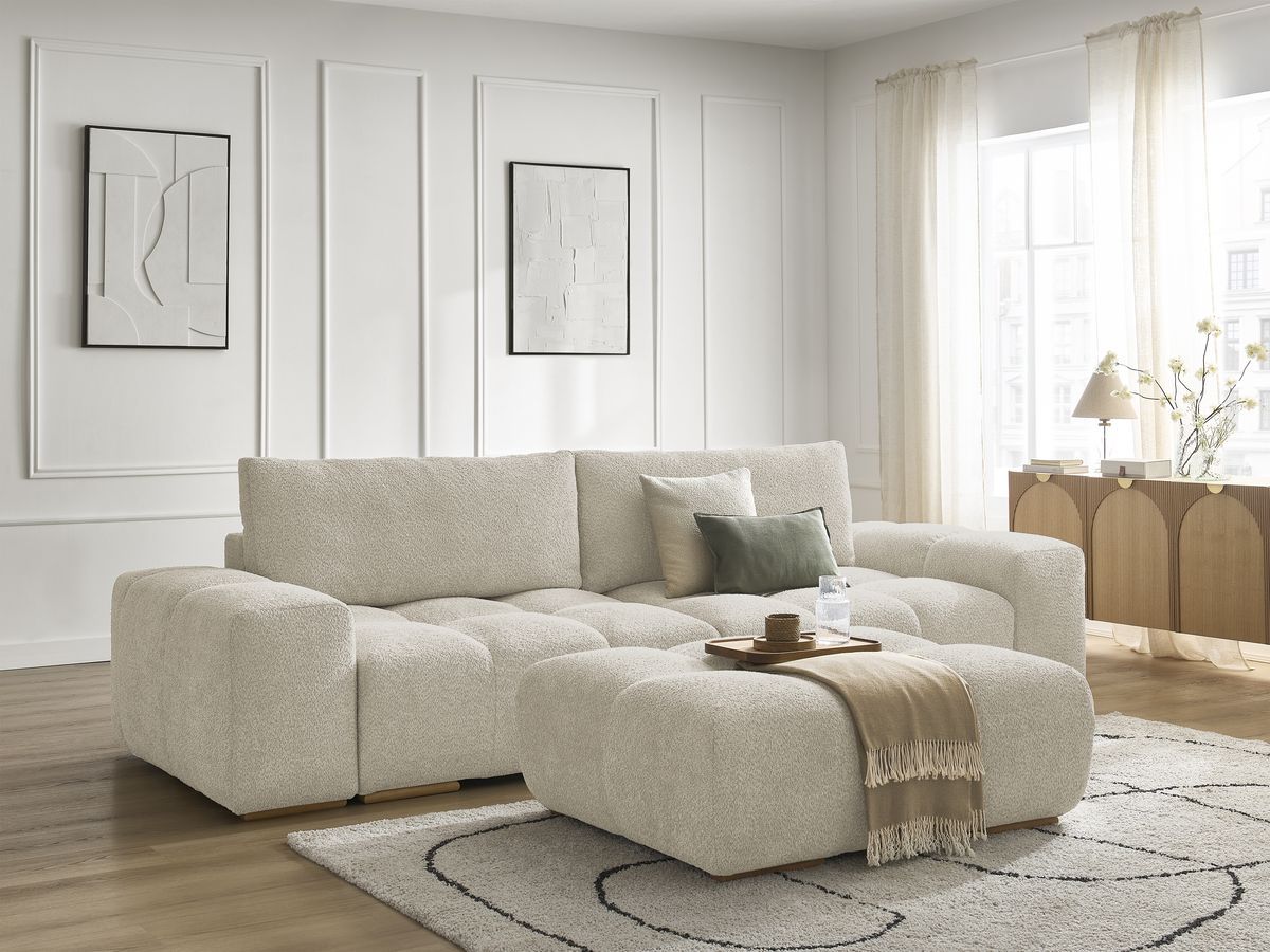 Bobochic Anakin Sofa 3-Sitzer mit Pouf, 2 Kissen Bouclé-Stoff Beige
