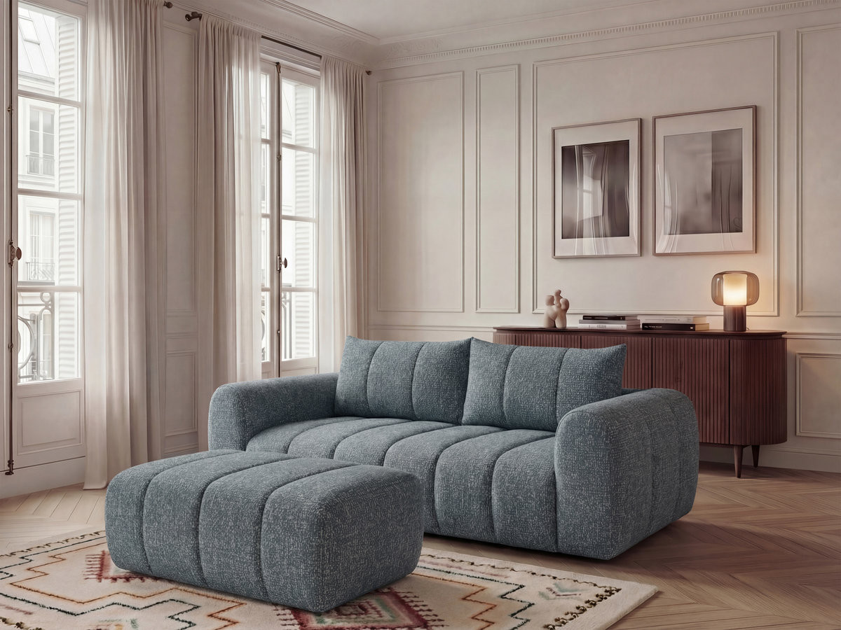 Bobochic Nesty Sofa 3-Sitzer mit Pouf Melange-Stoff Blau
