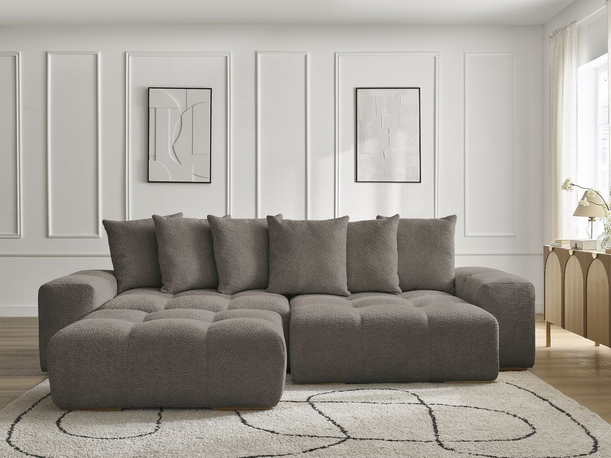 Bobochic Anakin Ecksofa mit Pouf, 6 Kissen Bouclé-Stoff Braun