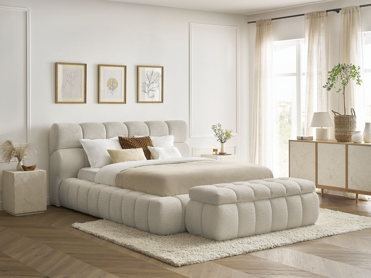 Bobochic Mont-blanc Polsterbett mit Bettkasten mit Bettbank Bouclé-Stoff Beige, Liegefläche 140 × 190 cm