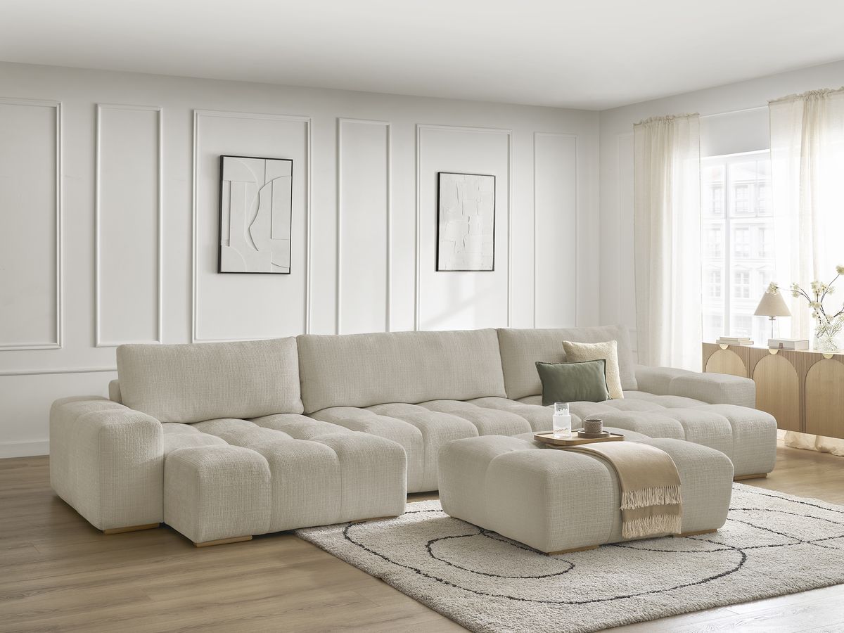 Bobochic Anakin Wohnlandschaft mit Pouf, 3 Kissen Strukturstoff Beige