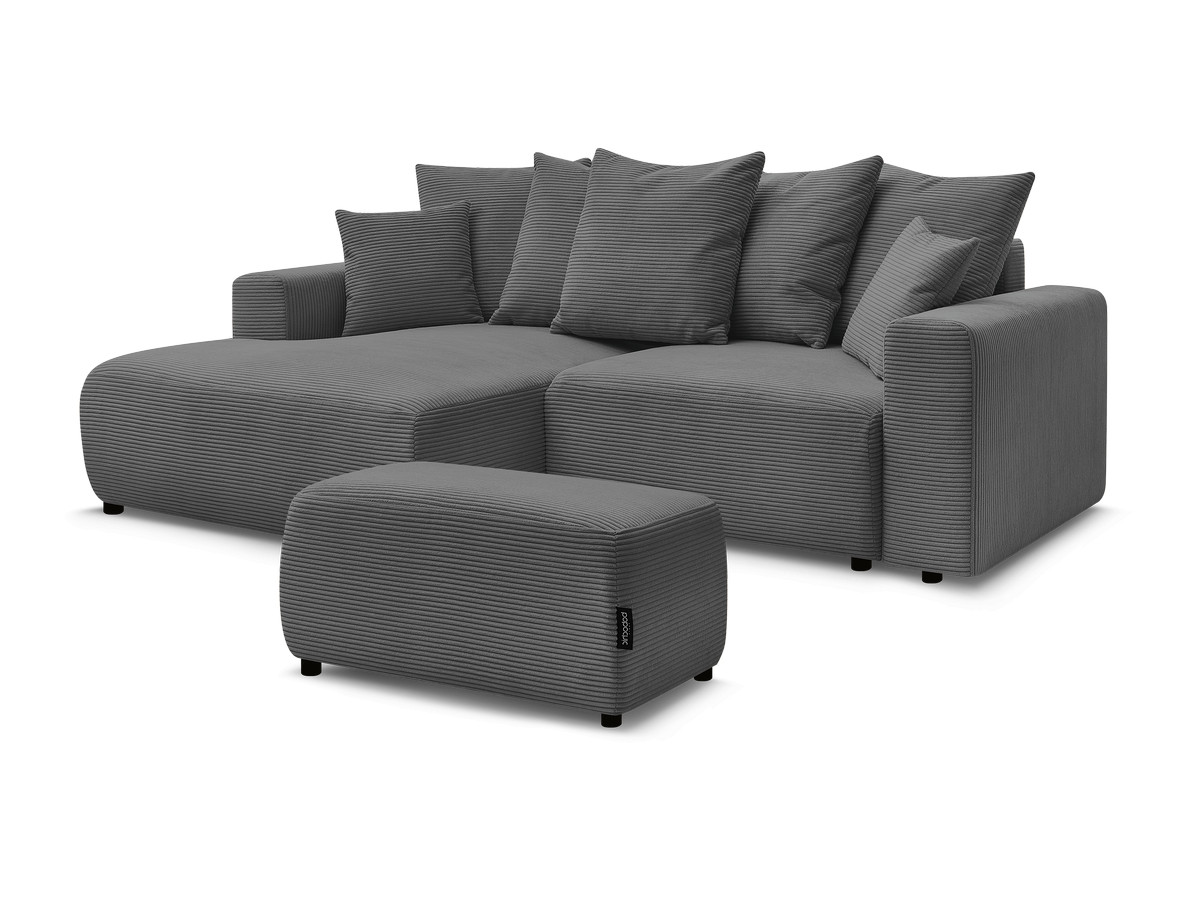 Bobochic Atilla Ecksofa mit Schlaffunktion und Bettkasten und Pouf Cordsamt Dunkelgrau Ecke links