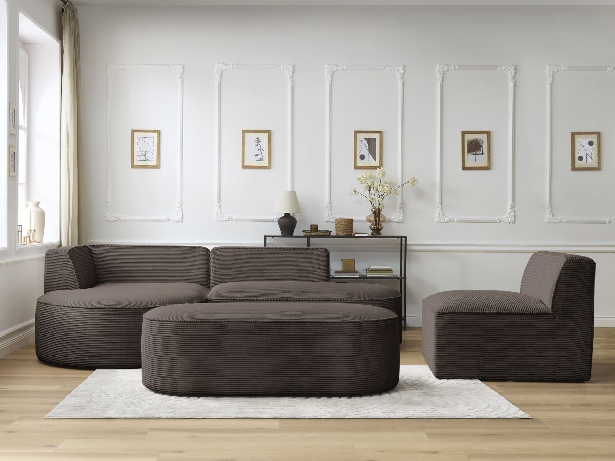 Bobochic Rousseau Ecksofa mit Sofamodul und Pouf Cordsamt Braun Ecke links