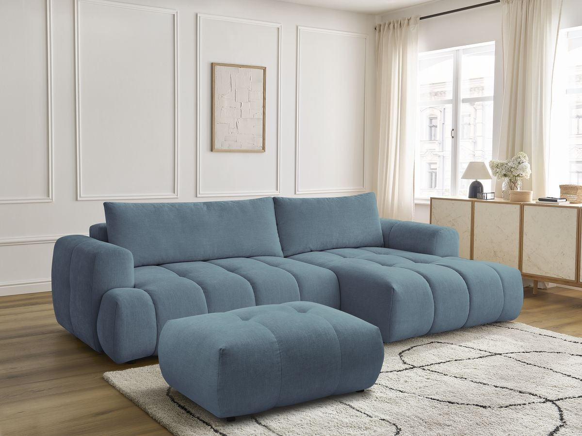 Bobochic Fuji Ecksofa mit Schlaffunktion und Bettkasten und Pouf 292 × 160 cm Stoff Hellblau Ecke rechts