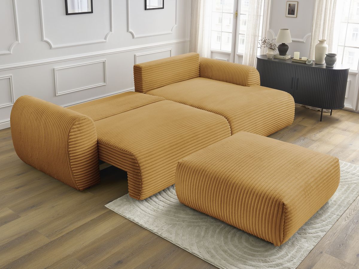 Bobochic Lucien Ecksofa mit Schlaffunktion und Bettkasten und Pouf 314 × 167 cm Breitcord weich Gelb Ecke rechts