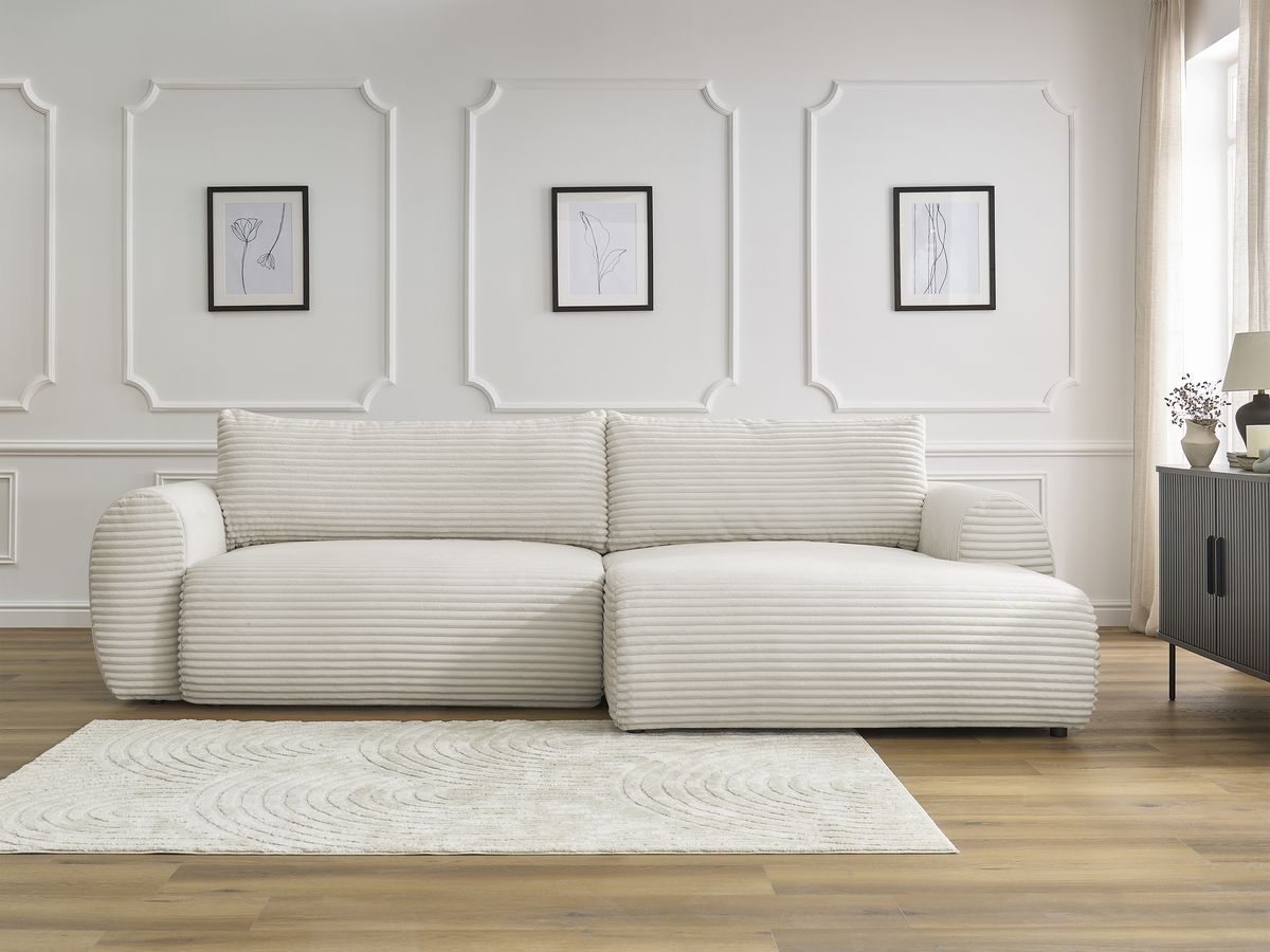 Bobochic Lucien Ecksofa mit Schlaffunktion und Bettkasten 314 × 167 cm Breitcord weich Beige Ecke rechts