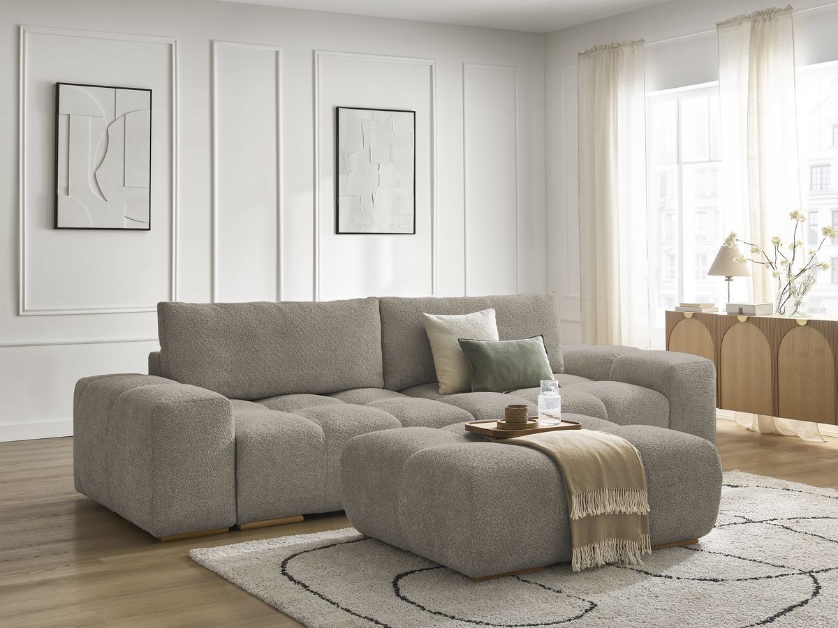 Bobochic Anakin Sofa 3-Sitzer mit Pouf, 2 Kissen Bouclé-Stoff Taupe