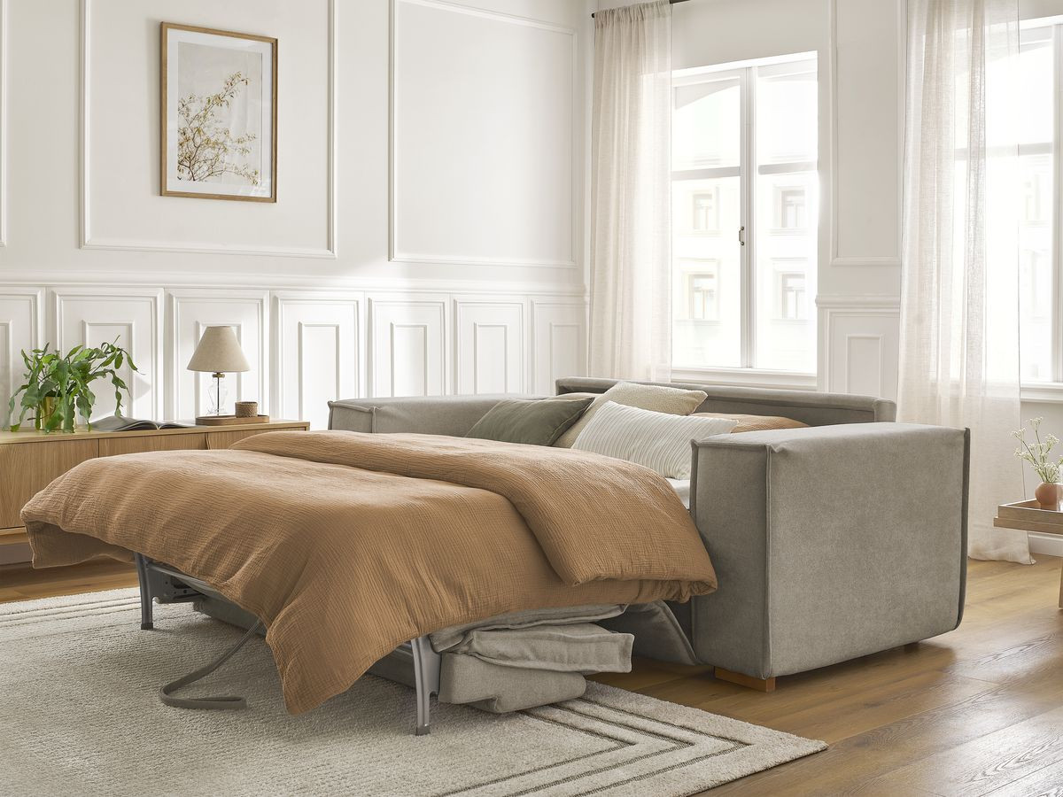 Bobochic Chelsea Schlafsofa 3-Sitzer Strukturstoff Taupe, Liegefläche 160 × 200 cm