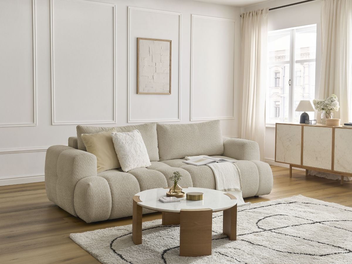 Bobochic Fuji Schlafsofa 3-Sitzer mit Bettkasten Bouclé-Stoff Beige