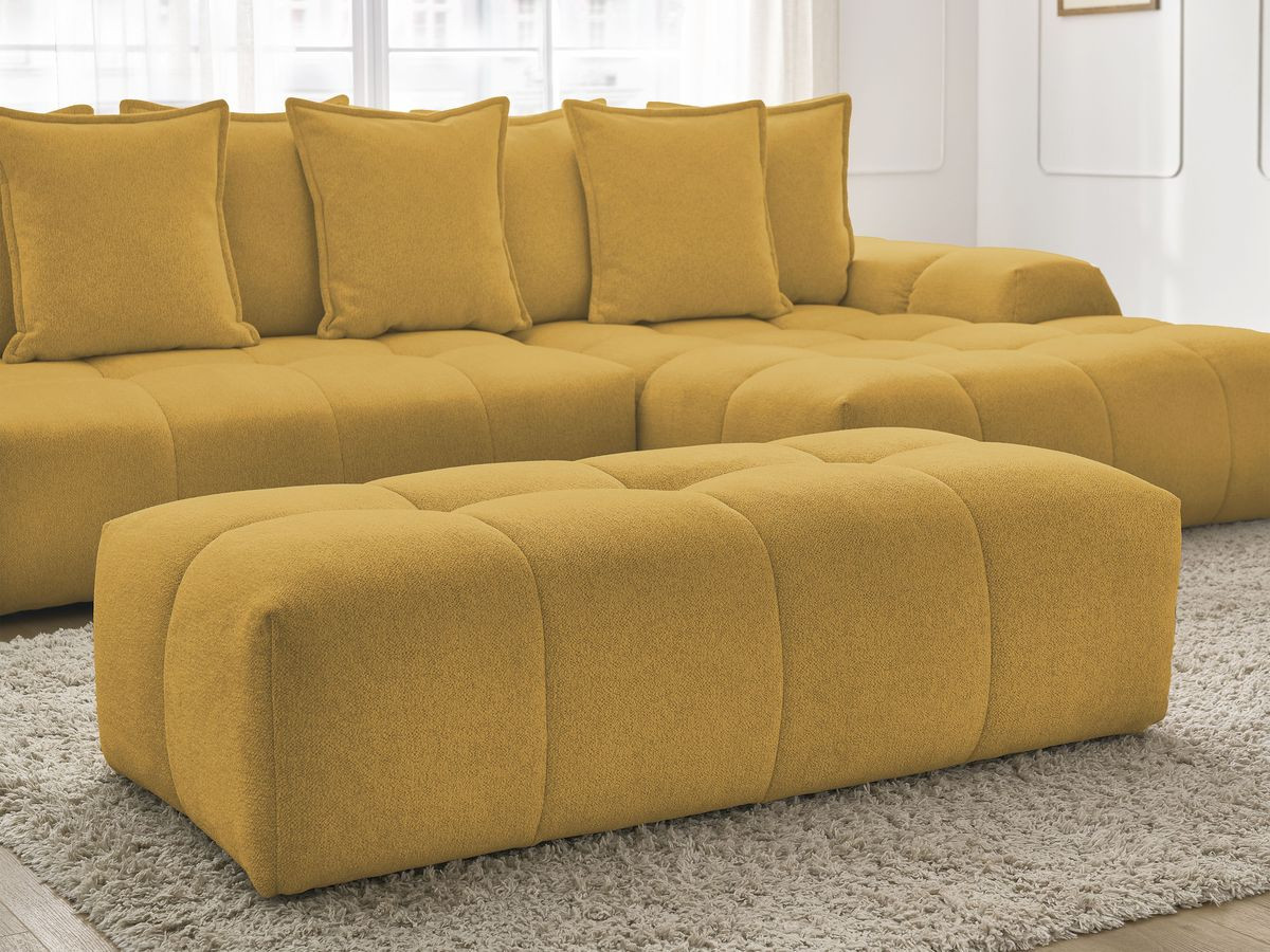 Bobochic Everest Ecksofa mit Schlaffunktion und Bettkasten und Pouf 318 × 180 cm, 7 Kissen Melange-Stoff Gelb Ecke rechts