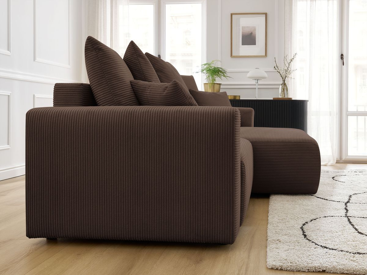 Bobochic Atilla Ecksofa mit Schlaffunktion und Bettkasten Cordsamt Braun Ecke rechts