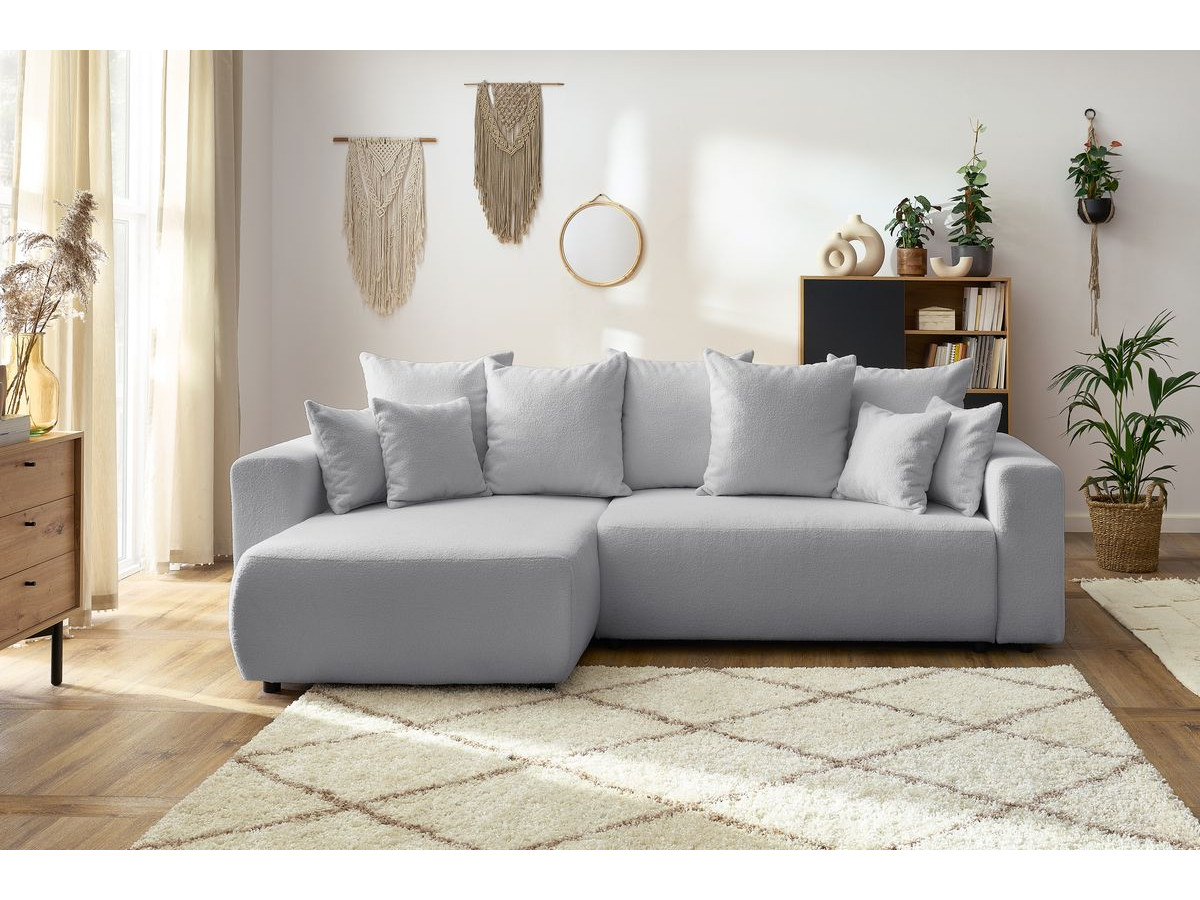Bobochic Envy Ecksofa mit Schlaffunktion und Bettkasten Bouclé-Stoff Hellgrau