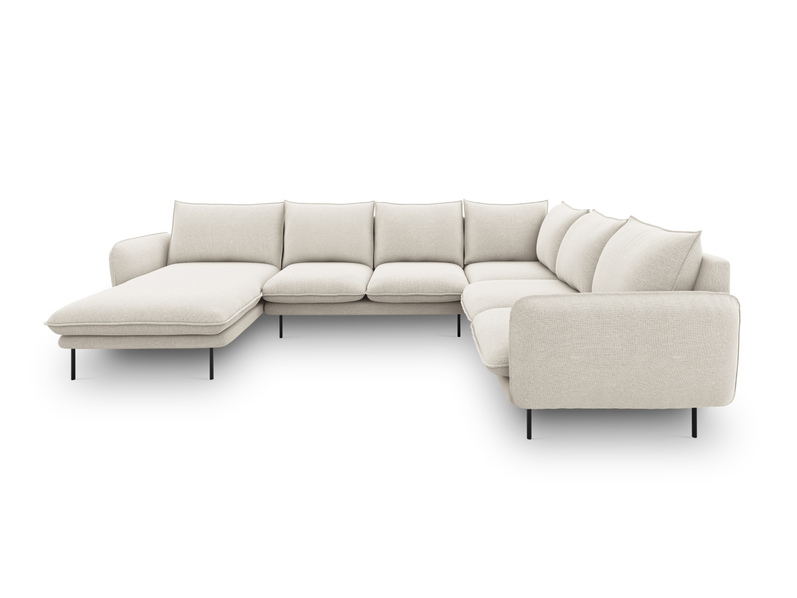 Cosmopolitan Design Panoramasofa Vienna 7-Sitzer Strukturierter Stoff Positano Helles Beige Rechts Beine Schwarzes Metall