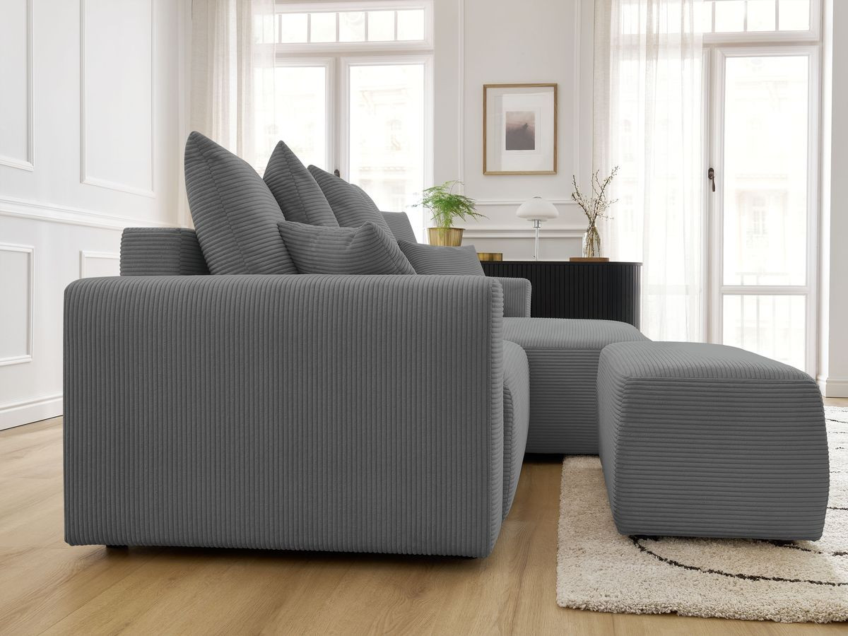 Bobochic Atilla Ecksofa mit Schlaffunktion und Bettkasten und Pouf Cordsamt Dunkelgrau Ecke rechts