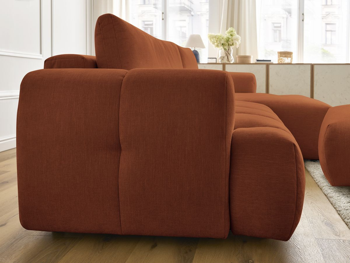Bobochic Fuji Ecksofa mit Schlaffunktion und Bettkasten und Pouf 292 × 160 cm Stoff Orange Ecke rechts