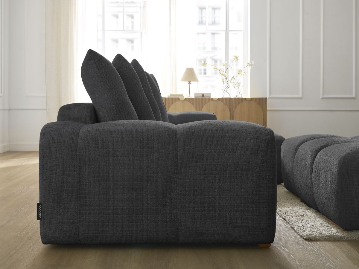 Bobochic Anakin Ecksofa mit Schlaffunktion und Bettkasten und Pouf, 6 Kissen Strukturstoff Schwarz