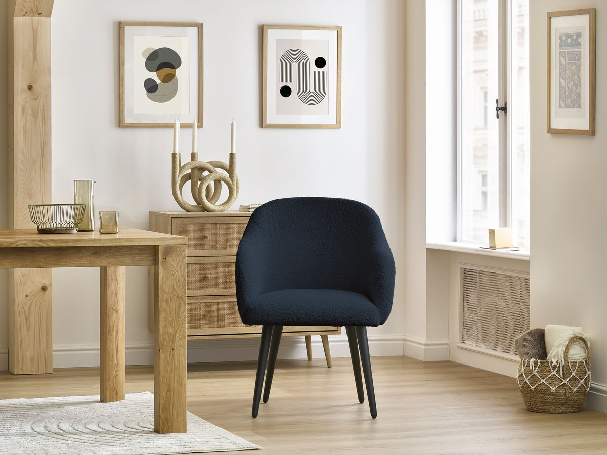 Bobochic Sophie Esszimmerstuhl 4er-Set mit skandinavischen Beinen, schwarz Bouclé-Stoff Dunkelblau