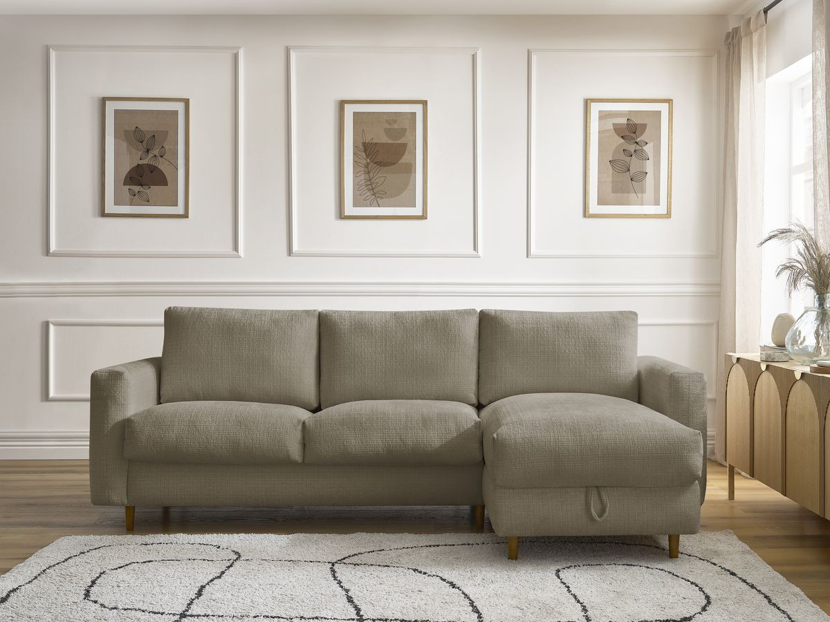 Bobochic Cocoone Ecksofa mit Schlaffunktion und Bettkasten Strukturstoff Taupe, Liegefläche 140 × 200 cm