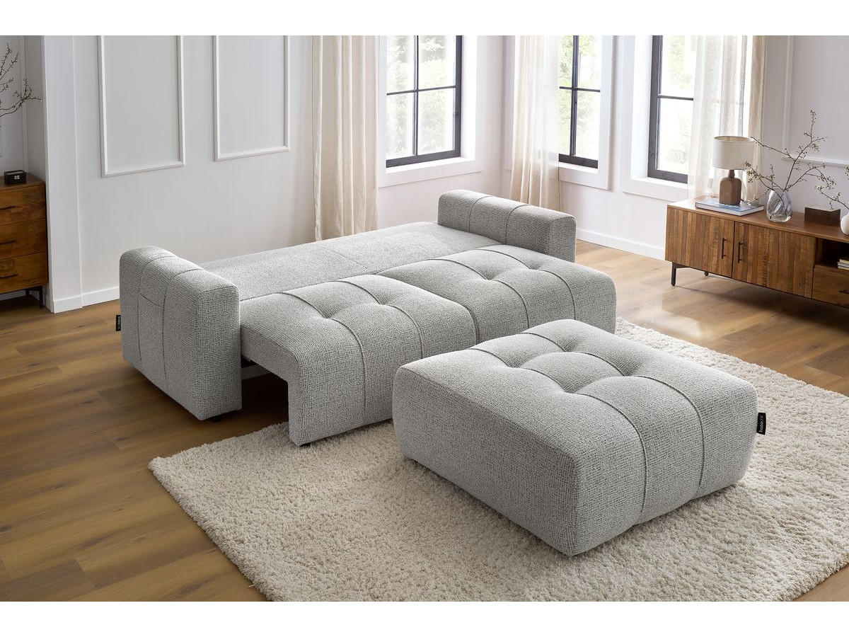 Bobochic Arsene Schlafsofa 4-Sitzer mit Bettkasten und Pouf Melange-Stoff Hellgrau