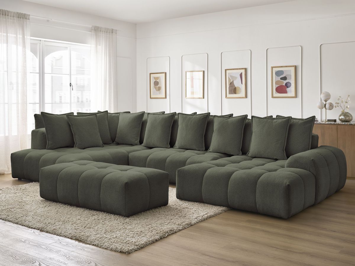 Bobochic Everest Wohnlandschaft mit Pouf, 14 Kissen Melange-Stoff Grün Ecke rechts