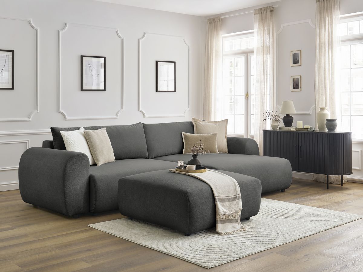 Bobochic Lucien Ecksofa mit Schlaffunktion und Bettkasten und Pouf 314 × 167 cm Stoff Dunkelgrau Ecke rechts