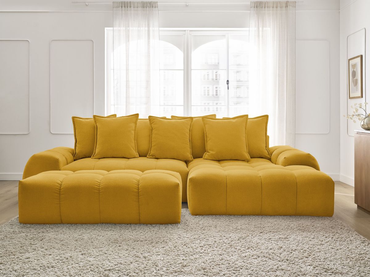 Bobochic Everest Ecksofa mit Schlaffunktion und Bettkasten und Pouf 318 × 180 cm, 7 Kissen Strukturstoff Gelb Ecke rechts