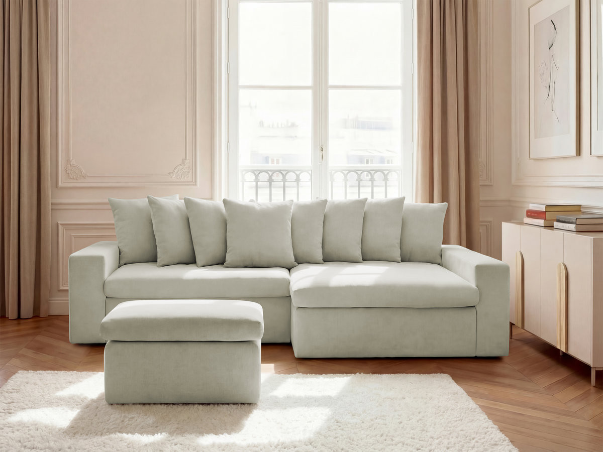 Bobochic Enore Ecksofa mit Pouf Stoff Beige Ecke rechts
