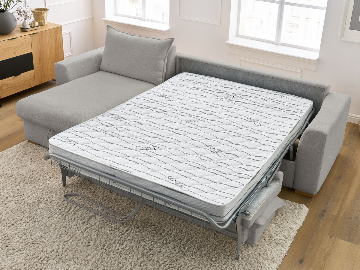 Bobochic Augustin Ecksofa mit Schlaffunktion und Bettkasten Bouclé-Stoff Hellgrau, Liegefläche 160 × 200 cm